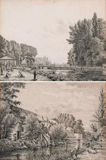 A. MEUNICO Vue du canal de la Manse à Chantilly Deux dessins à la plume et encre...