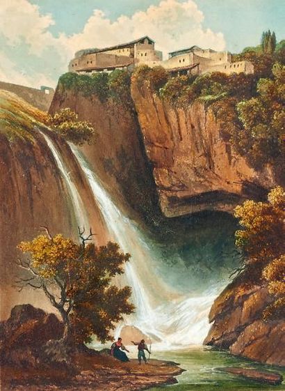 École Française du XIXe siècle Les cascades de Tivoli Aquarelle, gouache. 20 x 15,5...
