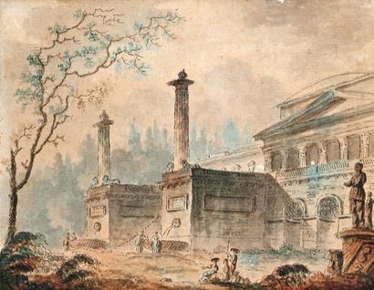 Attribué à Claude Louis CHATELET (1753-1795) Caprice architectural Plume, aquarelle....