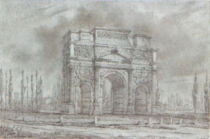 Nicolas-Marie-Joseph CHAPUY (1790-1858) L'arc de triomphe d'Orange Pierre noire,...