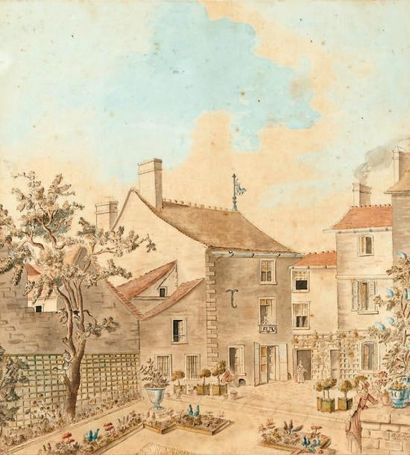 A. F. PAULMIER Vue d'une cour de jardin Plume, aquarelle signée et datée 1806 en...