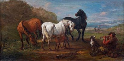 Pieter VAN BLOEMEN (1657-1720) Joueur de flûte et chevaux Huile sur toile, rentoilée....