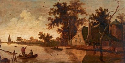 École HOLLANDAISE du XVIIe siècle Paysage fluvial Huile sur panneau. 29 x 55 cm
