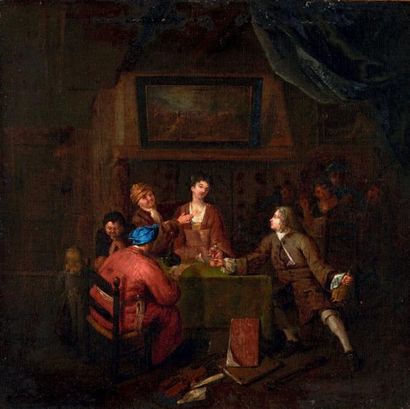 Atelier de J. J. HOREMANS (1682-1759) La conclusion du contrat Huile sur toile. (Rentoilée,...