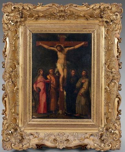 ÉCOLE FLORENTINE DU XVIE SIÈCLE Le Christ en croix, la Vierge, saint Jean Huile sur...