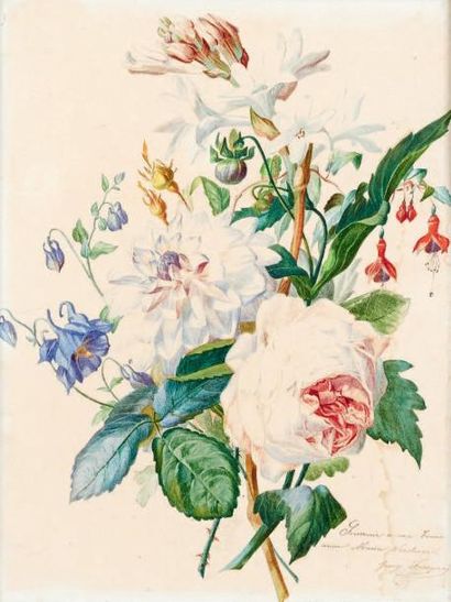 Jenny JACQUES Bouquet de fleurs Plume, aquarelle, signée et annotée en bas à droite....