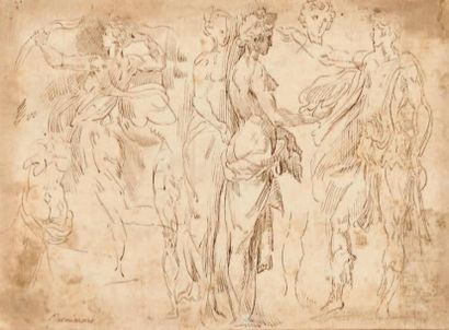 Ecole italienne du XVIIe siècle Groupe de personnages et figure de Diane Plume, encre...