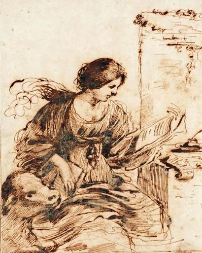 IL FALSARIO DEL GUERCHINO Femme lisant un livre Plume, encre noire. 26,8 x 20,6 cm...