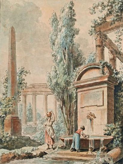 D'après Jean-Jacques LE BARBIER Paysages avec ruines, gravures en couleurs par G....