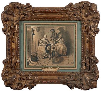 Charles ESCHARD (1748-1783) La veillée Plume, lavis, signé en bas à gauche. 15,5...