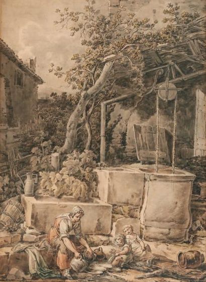 Attribué à Constantin d'AIX (1756-1844) Femme et enfant auprès d'un puits Plume,...