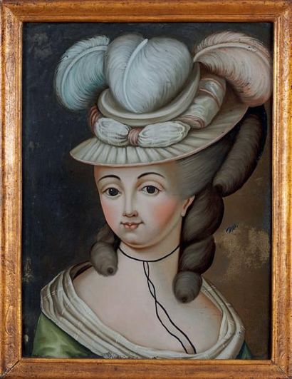 École FRANÇAISE de la fin du XVIIIe siècle Portrait de femme Peinture sur verre....