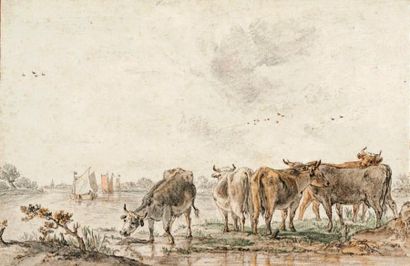 ÉCOLE HOLLANDAISE de la fin du XVIIe-début du XVIIIe siècle Paysage fluvial avec...