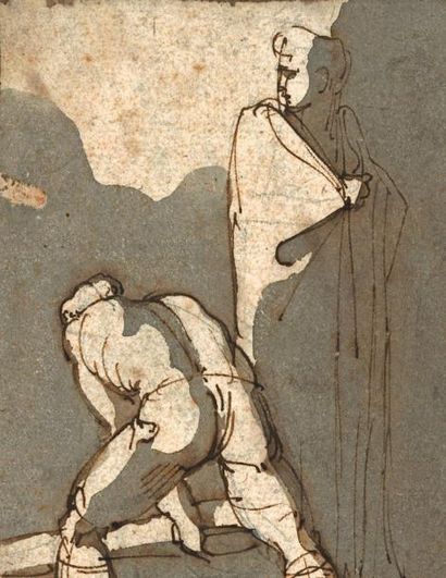 Théodore GERICAULT (1791 -1824) Un homme levant une poutre, tandis qu'une femme semble...