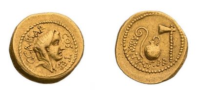 null JULES CÉSAR (64-44 av. J.-C.) Auréus. 8,03 g. Rome (46 av. J.-C.). Tête de la...