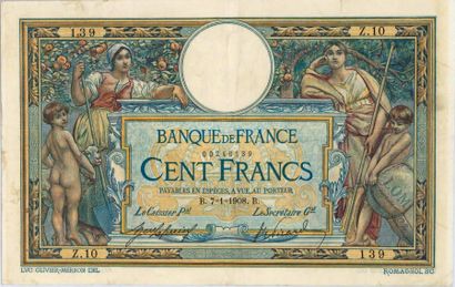 null 100 Francs Luc-Olivier Merson, avec LOM. Billet du 07/01/1908. Fay. 22-1. T...