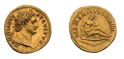 null Auréus. 7,60 g. Rome (88-89). Sa tête laurée à droite. R/ Esclave germaine assise...