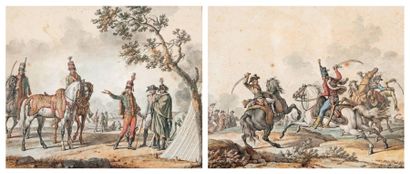 Jacques François SWEBACH-DESFONTAINES (1769-1823) Groupe de hussards devant un campement...