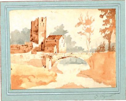 Attribué à Jules COIGNET (1798-1860) Paysage au pont Aquarelle. 13,4 x 18,4