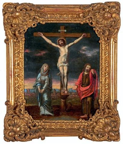 École Française du XVIIe siècle Le Christ en croix, la Vierge et saint Jean Huile...