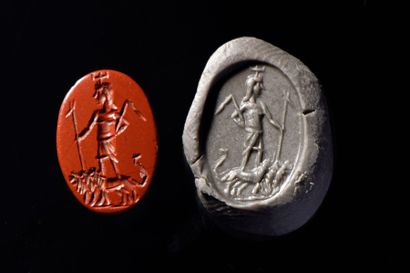 null Intaille gravée de Cybèle debout sur trois lions. Jaspe rouge.
Art romain, IIe...