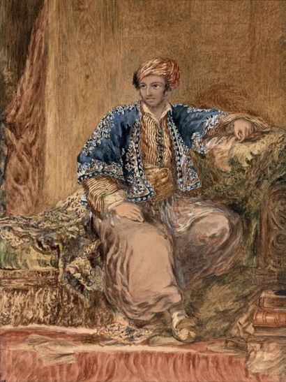 École Française du XIXe siècle 
Portrait de jeune oriental assis sur un sofa
Aquarelle,...