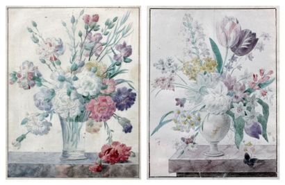 École Française du XIXe siècle 
Vase de fleurs
Deux aquarelles.
14 x 11 cm