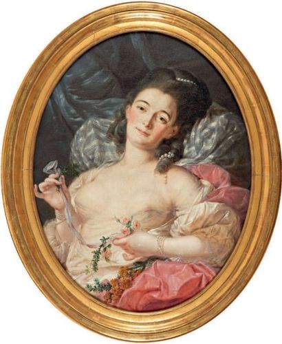 Attribué à Jean-Hugues TARAVAL (1729-1785) 
Portrait de femme dénudée tenant une...