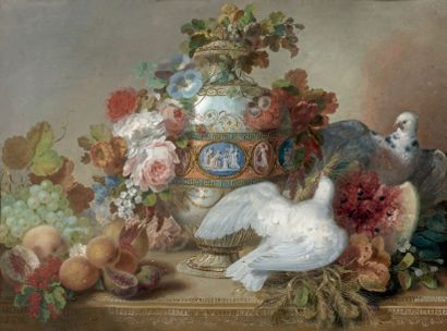 Attribué à Johann DRECHSLER (1756-1811) 
Nature morte au vase et aux colombes
Gouache.
44,5...