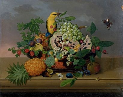 Johann KNAPP (1778-1833) 
Nature morte de fruits dans une jatte posée sur un entablement
Huile...