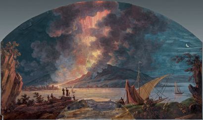 Ecole Italienne du XIXe siècle 
Volcan en éruption, projet d'éventail
Aquarelle.
18,5...