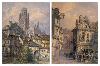 Polyclète LANGLOIS (1814-1872) 
Vue de Rouen
Deux aquarelles, formant pendant, signées...