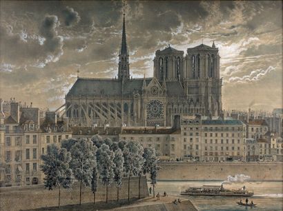 Albert TISSANDIER (1839-1906) 
Vue de la façade latérale nord de Notre-Dame de Paris
Crayon,...