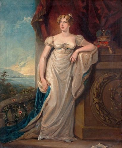 Atelier d'Alfred Edward CHALON (1780-1860) 
Portrait de la reine Charlotte (1744-1818)
Huile...