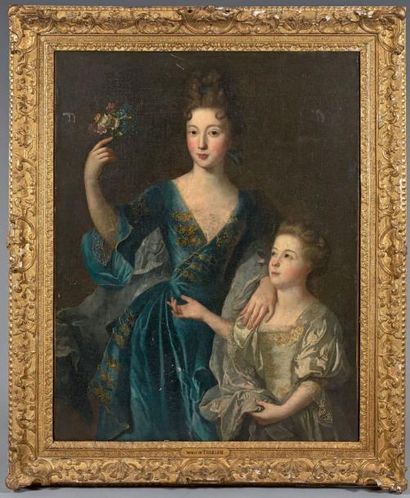 Atelier de François de TROY (1645-1730) 
Portrait d'une jeune femme et de sa fille
Huile...