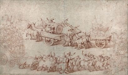 Entourage de Claude GILLOT (1673-1722) 
Scène de carnaval
Sanguine.
32,5 x 55,5 ...