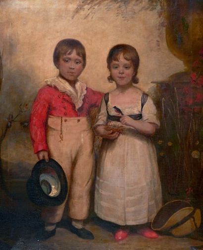 ECOLE ANGLAISE Deux enfants à l'oiseau
Huile sur toile.
(Restaurations).
130 x 105...