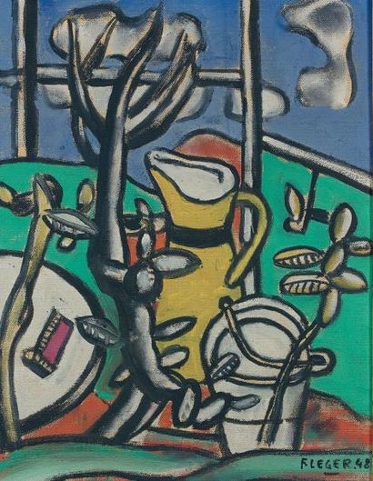 Fernand LÉGER (1881-1955) 
Le vase jaune dans le paysage, 1948
Huile sur toile, signée...