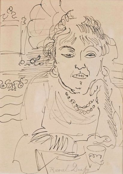 Raoul DUFY (1877-1953) 
Femme accoudée au verre
Dessin à l'encre, signé en bas au...
