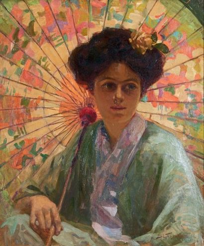 Sydney Lough THOMPSON (1877-1973) 
Jeune femme à l'ombrelle japonaise, vers 1915
Huile...