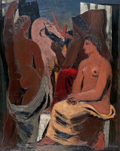 Jean SOUVERBIE (1891-1981) 
Trois femmes au cheval, vers 1930
Huile sur toile, signée...