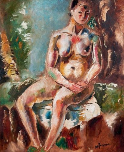 Charles DUFRESNE (1876-1938) 
Femme nue assise, vers 1929
Huile sur toile, signée...