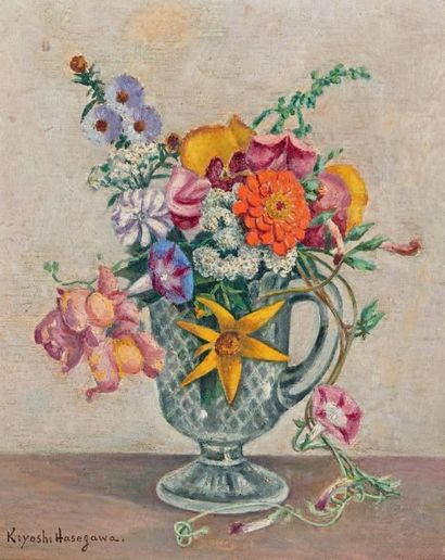 Kiyoshi Hasegawa (1891-1980) 
Bouquet de fleurs variées, 1947
Huile sur toile, signée...