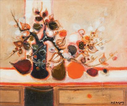Frédéric MENGUY (1927-2007) 
Les fleurs et l'orange
Huile sur toile, signée en bas...