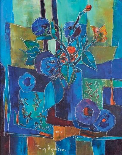 TONY AGOSTINI (1916-1990) 
Les fleurs au soir
Huile sur toile, signée en bas vers...