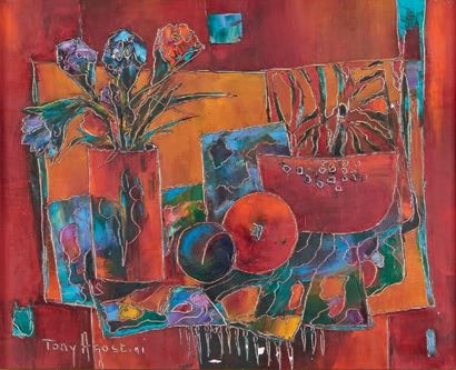 TONY AGOSTINI (1916-1990) 
Fruits et fleurs
Huile sur toile, signée en bas à gauche,...