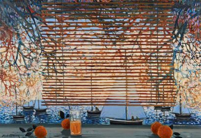 Michel HENRY (né en 1928) 
Le store au soleil sur la mer
Huile sur toile, signée...