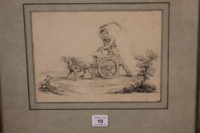 ECOLE FRANCAISE DU XIXème siècle Jeune garçon dressant son chien à tirer une carriole,...