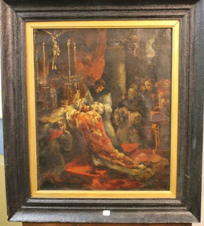 ECOLE FRANCAISE DU XIXème siècle L'assassinat de l'évêque de Liège, huile sur toile....