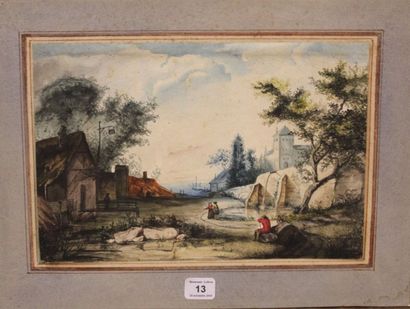 Ecole française du début du XIXème siècle: Paysage animé, aquarelle, 15,5 x 23 c...